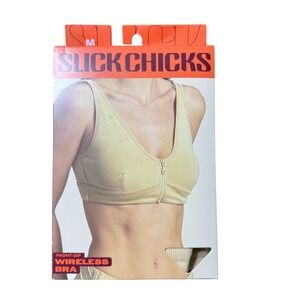 Slick Chicks Wireless Front Zip Bra Beige Tan M Medium Sports Comfort Everyday